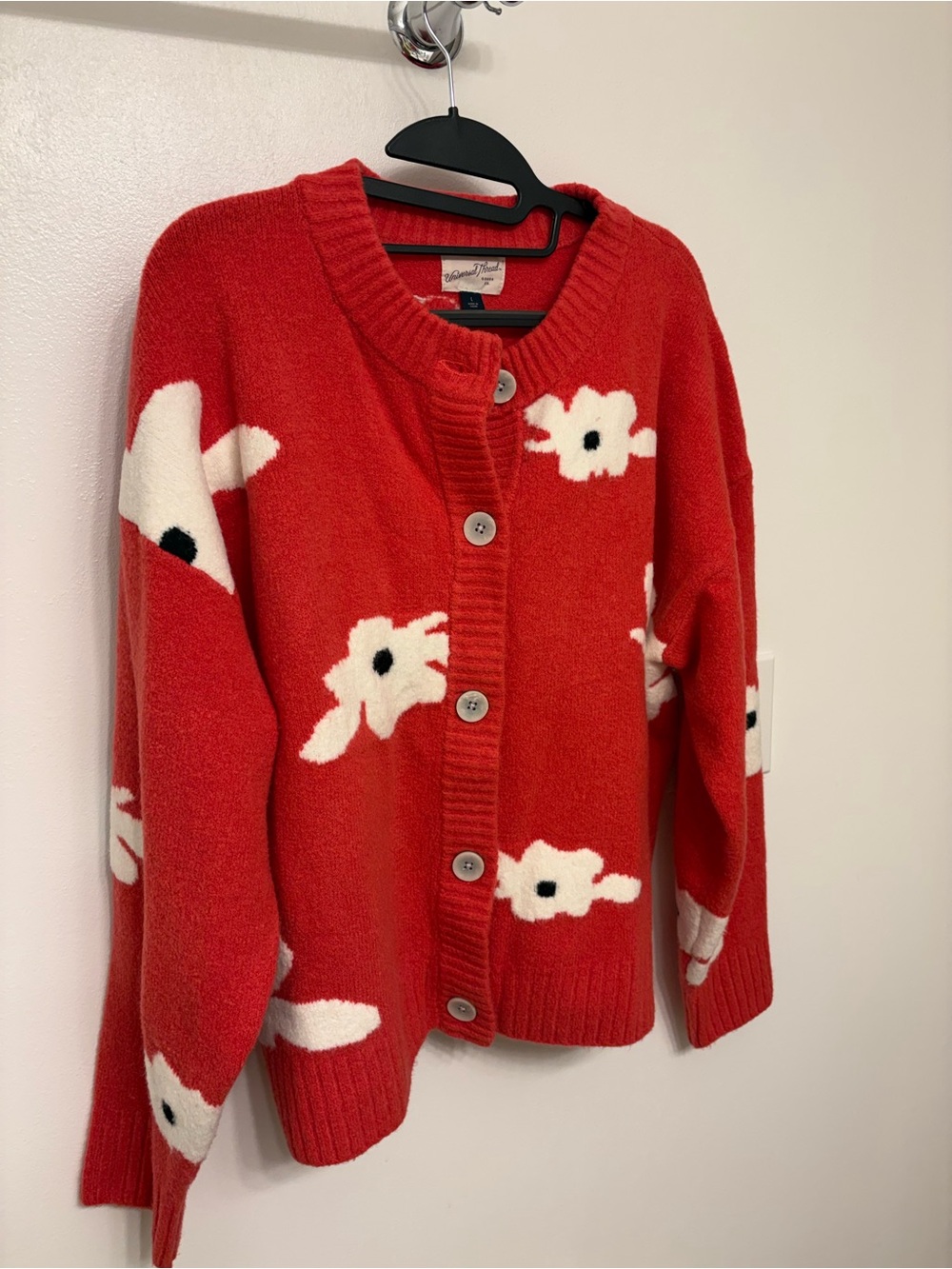 Universal Thread Coral Red Cardigan with White Floral Motif